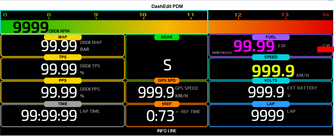 A PDM32 dashboard laid out in DashEditor — colour-coded RPM bar, MAP, TPS, PPS, gear, GPS speed, fuel, volts and lap boxes
