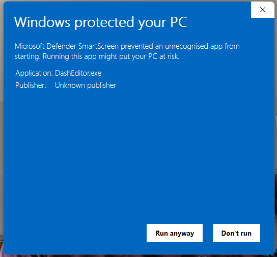 SmartScreen warning — after More info, Run anyway button appears